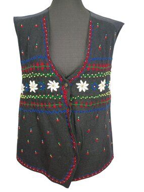 Capistrano Black Embroidered Wool Vest With Floral Pattern & Beaded Details Size
